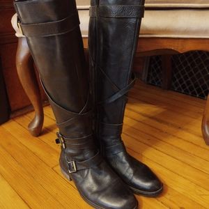 Black leather tall strappy boots!